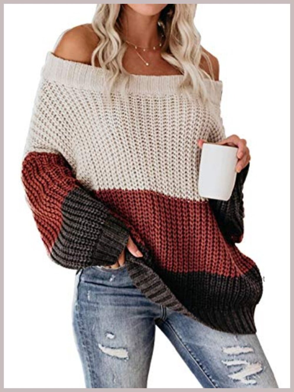 Off Shoulder Color Block Sweater Oversized Pullover Chunky Knit